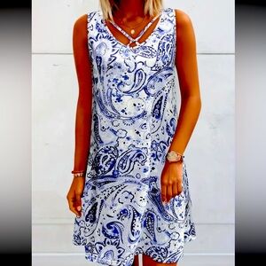 Paisley Blue & White Dress, NIB